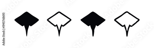 Stylized stingray icon set. Black silhouette and outline of a marine animal on a white background. Vector illustration.