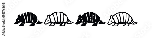 Collection of stylized armadillo icons. Black silhouette and outline illustrations on a white background. Vector set.