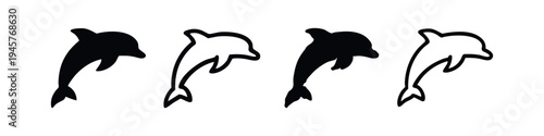 Collection of stylized dolphin icons. Black silhouette and outline illustrations on a white background. Vector set.
