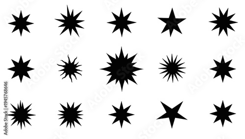 A set of black explosion icons on a white background, conveying energy and sudden impact.