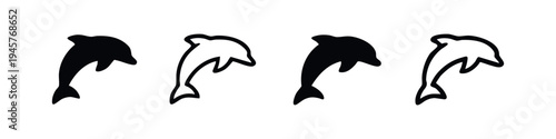 Stylized dolphin icon set. Black silhouette and outline of a jumping marine mammal on a white background. Vector illustration.