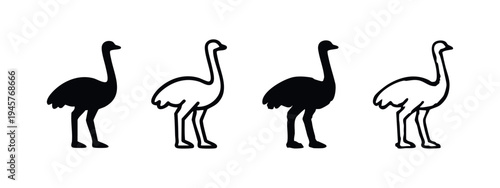 Stylized ostrich icon set. Black silhouette and outline of a flightless bird on a white background. Vector illustration.