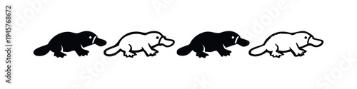 Stylized Platypus Icon Set with Solid and Outline Silhouettes, Monotreme Vector Art
