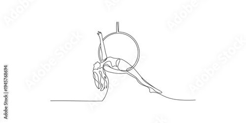 Continuous line drawing of a woman doing aerial hoop silhouette art illustration fitness exercise acrobatic