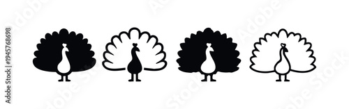 Elegant Peacock Icon Set with Solid and Outline Silhouettes for Design Elements