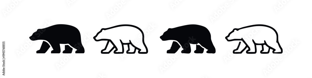 Fototapeta premium Walking Bear Icon Set with Solid Black and Outline Styles, Wild Animal Vector Illustration