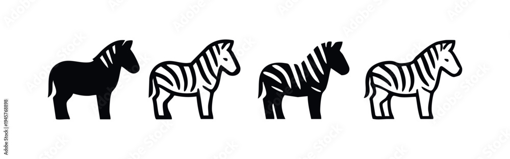 Obraz premium Stylized Zebra Icons Collection, Set of Black and White Zebra Illustrations, Abstract Zebra Graphics on White Background