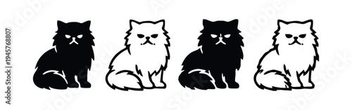 Persian Cat Breed Icons. Cute Fluffy Feline Silhouettes and Outlines on White Background.