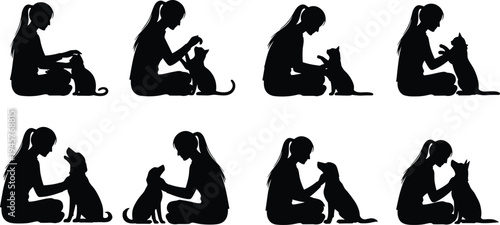 Black silhouette set of a young woman playing with her cat and dog pets, isolated on white background, animal care concept.