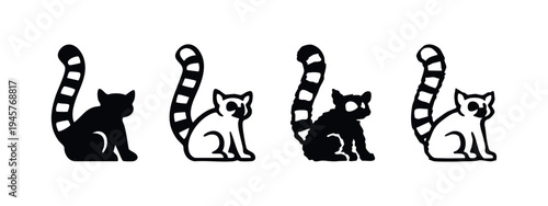 Ring-tailed Lemur Icon Set in Solid and Outline Styles, Exotic Primate Vector Illustration