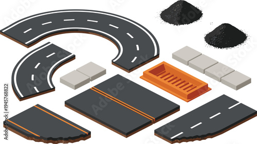 Isometric road construction kit, highway sections, asphalt pavement, street repair elements, broken road tiles, construction materials, urban infrastructure vector illustration.