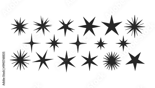 A set of modern, abstract starburst shapes in black on a white background, conveying energy and dynamism.