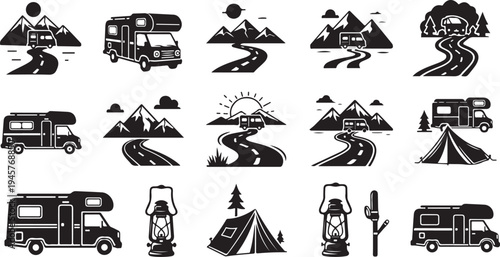 Camping and travel icons in black and white style