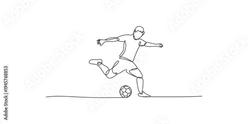 Continuous line drawing of a soccer player kicking a ball football sport game athlete action