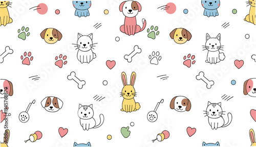 Cute pet animals seamless pattern vector with cats, dogs, bunny, paw prints, bones, and hearts playful cartoon background