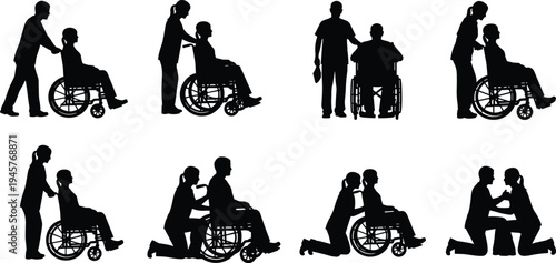 Caregiver assisting wheelchair patient silhouettes, disability support, nursing care help, rehabilitation assistance, healthcare worker compassion, elderly care service and medical aid concept