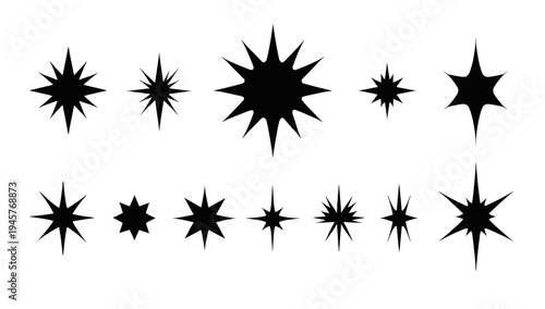 A set of modern black starburst shapes on a white background, conveying energy and dynamism.