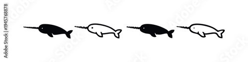 Narwhal Whale Icon Set with Solid Black and Outline Styles, Ocean Marine Life Vector Illustration