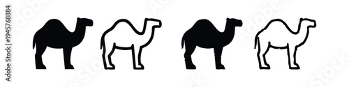 Dromedary Camel Icon Set with Solid Black and Outline Styles, Desert Animal Vector Illustration