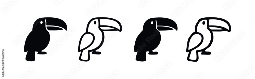 Fototapeta premium Simple Toucan Bird Silhouette and Outline Icon Set