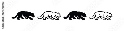 Stylized Big Cat Icons Set, Black and White Panther Vector Graphics, Abstract Wildcat Illustrations on White Background