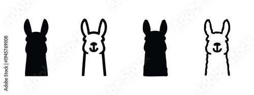 Cute Minimalist Llama Front Face Silhouette and Outline Icon Set