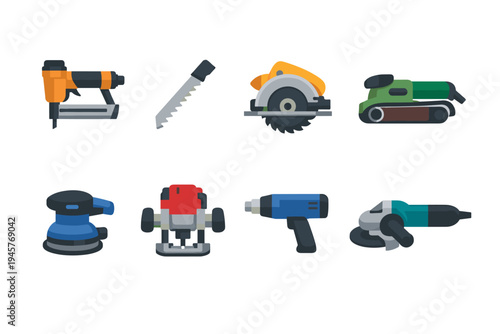Collection of modern power tools and hand tools for construction and DIY projects