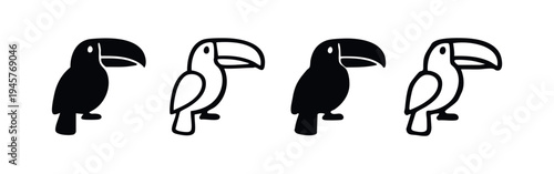 Simple Toucan Bird Silhouette and Outline Icon Set