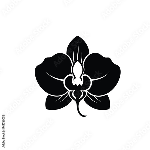 A minimalist black and white vector graphic of an orchid flower
