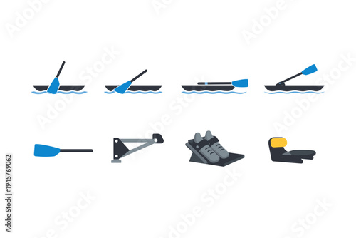 Rowing and kayaking equipment icons: oars, boats, footrests, and seat