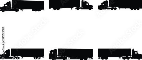 Set of six distinct black silhouette semi-trailer trucks presented against a clean white backdrop, symbolizing cargo and delivery services.