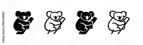 Set of four koala icons clinging to a tree branch in varied black and outline styles.