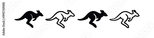 Set of four kangaroo icons in different styles, black and white illustrations on a clean background.