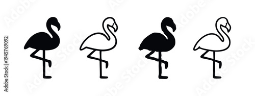 Detailed Stylized Flamingo Bird Silhouette and Outline Icon Set