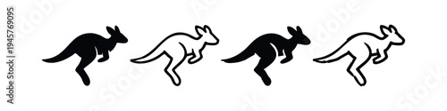 Four jumping kangaroo vector icons in black and outline styles, Australian wildlife illustration.