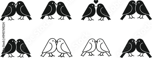 Love birds icon set, cute romantic bird couples silhouettes with hearts, Valentine relationship symbol collection minimalist design illustration