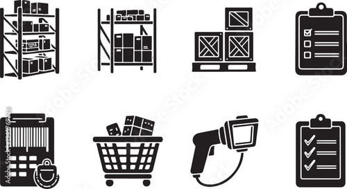 Logistics and inventory management icons in black and white