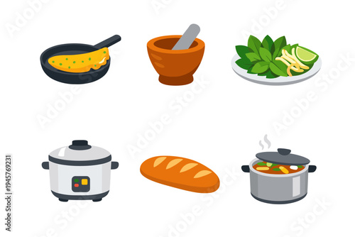 Collection of six flat design icons representing various food preparation and cooking items