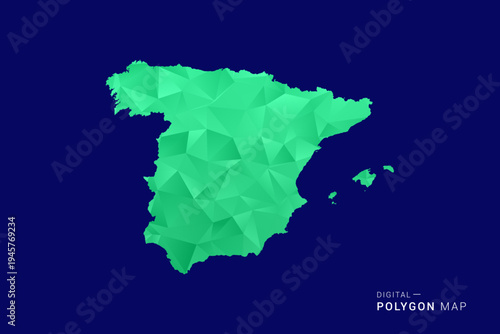 Spain Map - low poly polygon vector, geometric triangulated silhouette in green and blue tones, clean modern style, isolated background for infographic use.