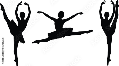 Black silhouette set of graceful ballerina dancers performing jumps, leaps, and leg extensions isolated on white background for ballet dance school.