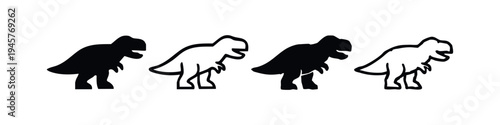 T-Rex Dinosaur Icon Set. Black Silhouette and Outline Prehistoric Animal Symbols on White Background.