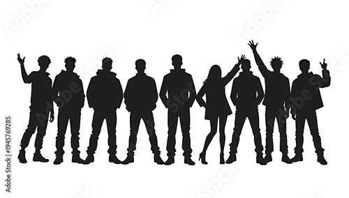 A group of people standing together in black silhouette on a white background, conveying unity and togetherness.