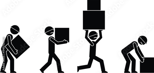 Construction worker silhouettes in hard hats carrying heavy cardboard boxes, lifting parcels, and moving cargo for industrial labor, warehouse logistics, and professional relocation service concepts.