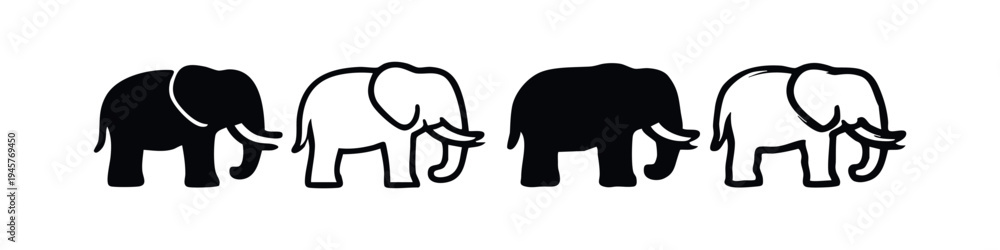 Fototapeta premium Cute Elephant Icon Set - Black Silhouettes and Simple Outline Designs