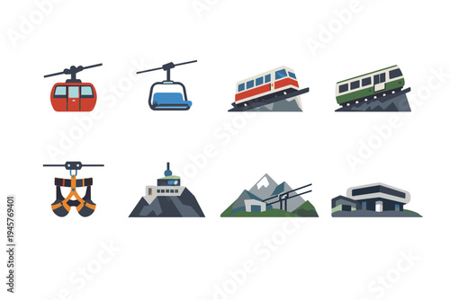 Collection of mountain transport and adventure icons including gondolas, cable cars, and zip lines