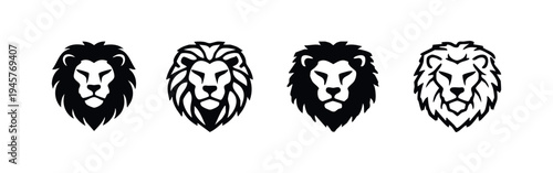 Majestic Lion Head Icon Set - Regal Black Silhouettes and Detailed Outline Designs