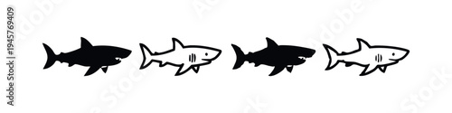 Stylized Shark Icon Set - Aggressive Black Silhouettes and Outline Designs