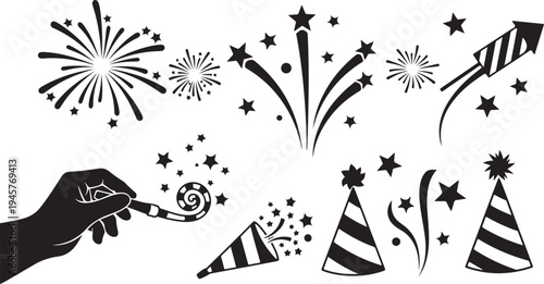 Celebration icons including fireworks and party hats in black