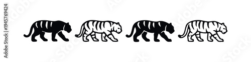 Stylized Walking Tiger Icon Set - Black Silhouettes and Striped Outline Designs