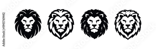 Diverse Lion Head Icon Set - Detailed Black Silhouettes and Outline Designs